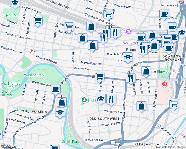 map of restaurants, bars, coffee shops, grocery stores, and more near 521 Elm Avenue in Roanoke
