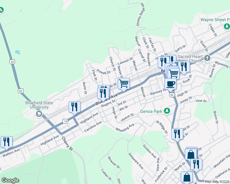 map of restaurants, bars, coffee shops, grocery stores, and more near 330-398 Bluefield Ave in Bluefield