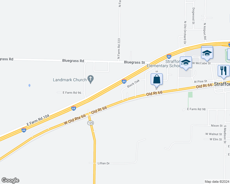 map of restaurants, bars, coffee shops, grocery stores, and more near 207 South Oakcliff Avenue in Strafford