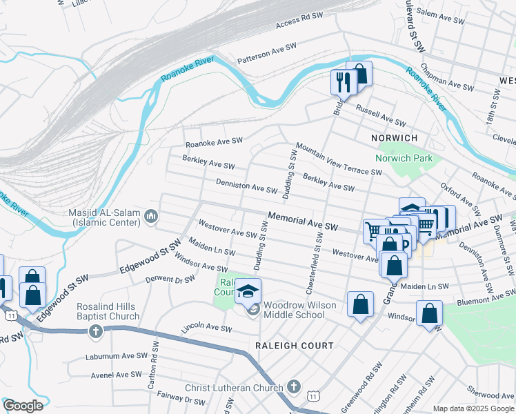 map of restaurants, bars, coffee shops, grocery stores, and more near 2333 Memorial Avenue Southwest in Roanoke