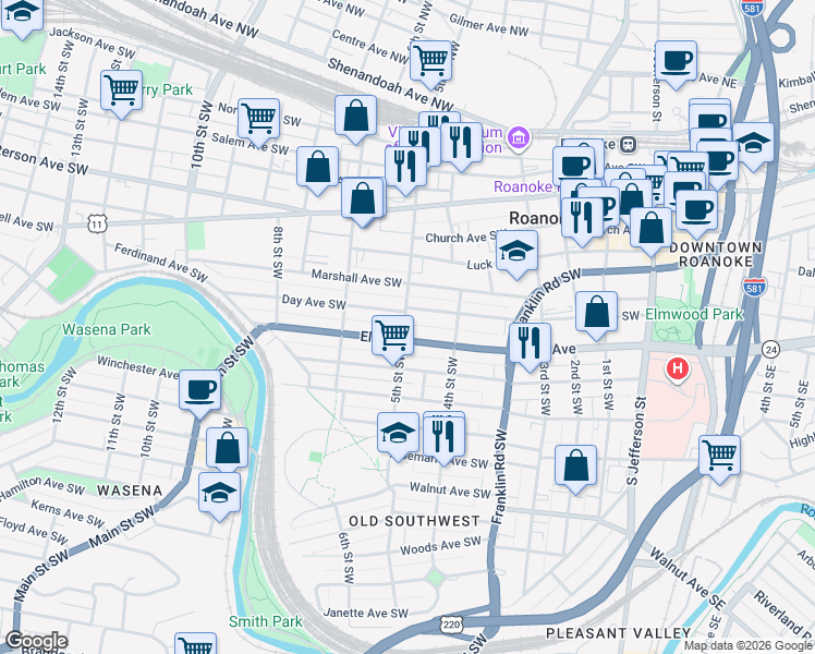 map of restaurants, bars, coffee shops, grocery stores, and more near 716 5th Street Southwest in Roanoke