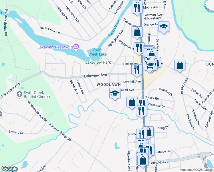 map of restaurants, bars, coffee shops, grocery stores, and more near 2807 Woodlawn Avenue in Colonial Heights