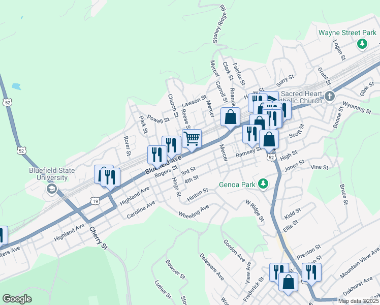 map of restaurants, bars, coffee shops, grocery stores, and more near 330 Bluefield Avenue in Bluefield