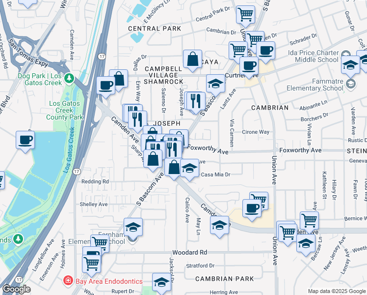 map of restaurants, bars, coffee shops, grocery stores, and more near 3000 South Bascom Avenue in San Jose