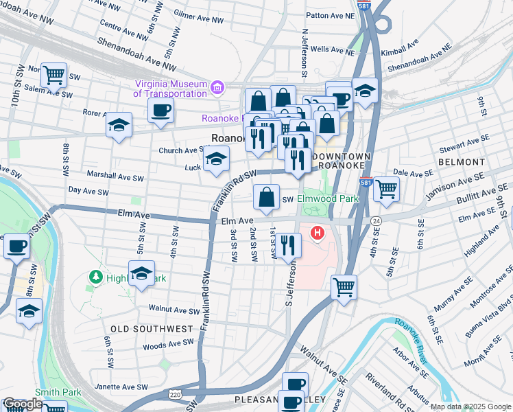 map of restaurants, bars, coffee shops, grocery stores, and more near 204 Day Avenue Southwest in Roanoke