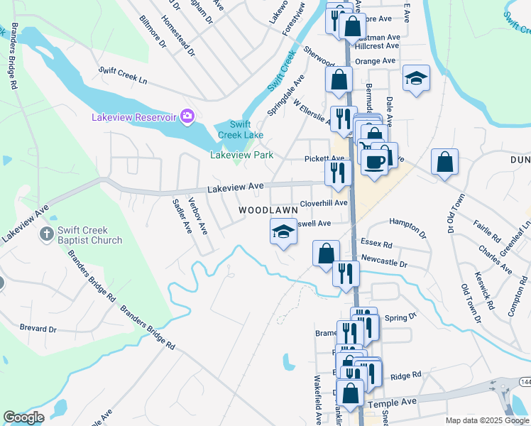 map of restaurants, bars, coffee shops, grocery stores, and more near 2807 Woodlawn Avenue in Colonial Heights