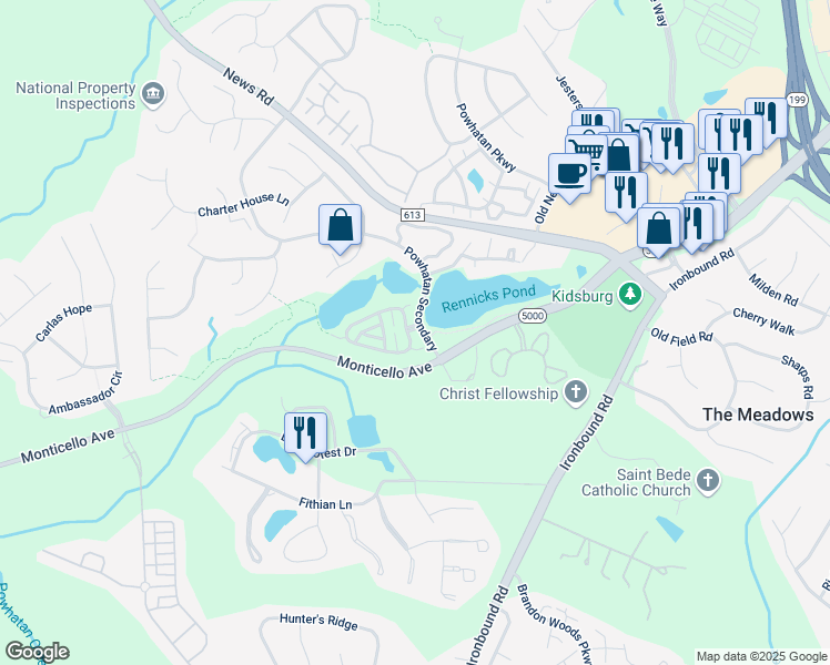 map of restaurants, bars, coffee shops, grocery stores, and more near 178 Waters Edge Drive in Williamsburg