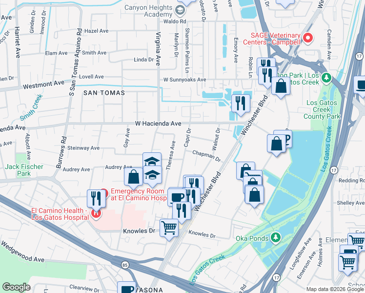 map of restaurants, bars, coffee shops, grocery stores, and more near 1315 Capri Drive in Campbell