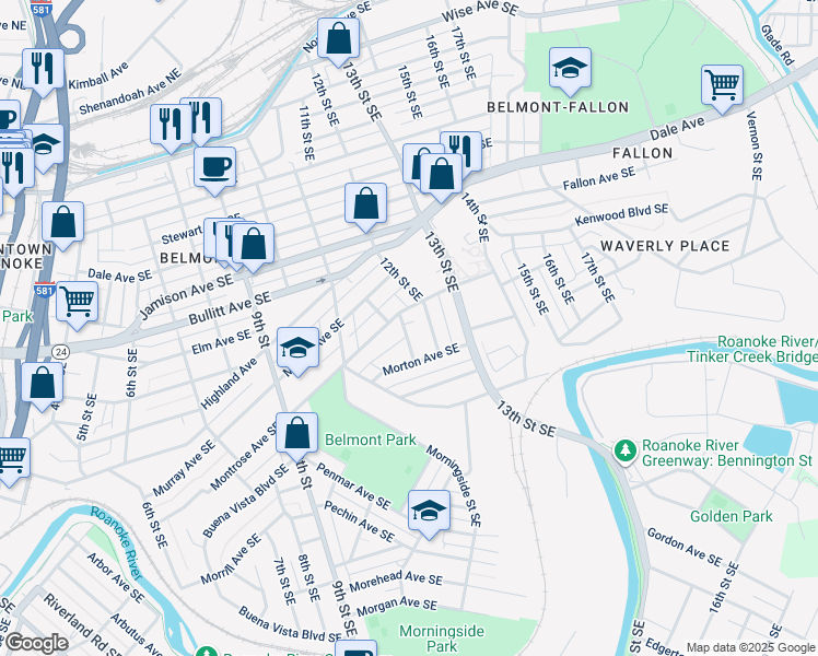 map of restaurants, bars, coffee shops, grocery stores, and more near 1165 Montrose Avenue Southeast in Roanoke