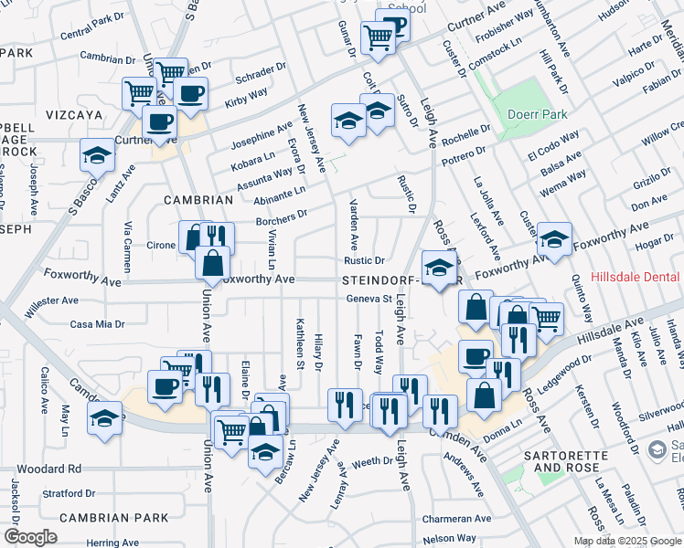 map of restaurants, bars, coffee shops, grocery stores, and more near 1915 Foxworthy Avenue in San Jose
