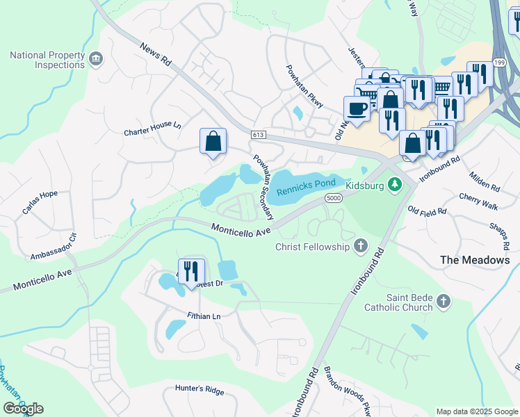 map of restaurants, bars, coffee shops, grocery stores, and more near 178 Waters Edge Drive in Williamsburg