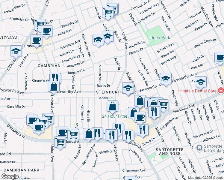 map of restaurants, bars, coffee shops, grocery stores, and more near 1857 Foxworthy Avenue in San Jose