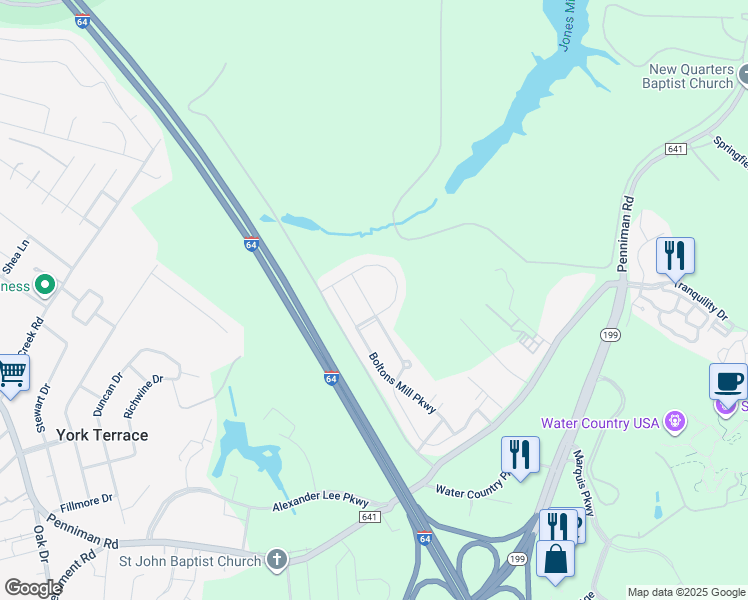 map of restaurants, bars, coffee shops, grocery stores, and more near 604 Clement's Mill Trace in Williamsburg