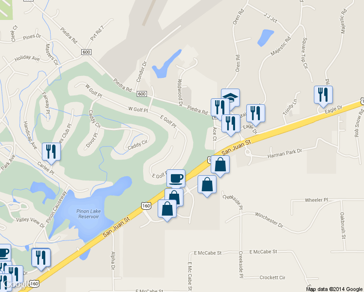 map of restaurants, bars, coffee shops, grocery stores, and more near 249 E Golf Pl in Pagosa Springs