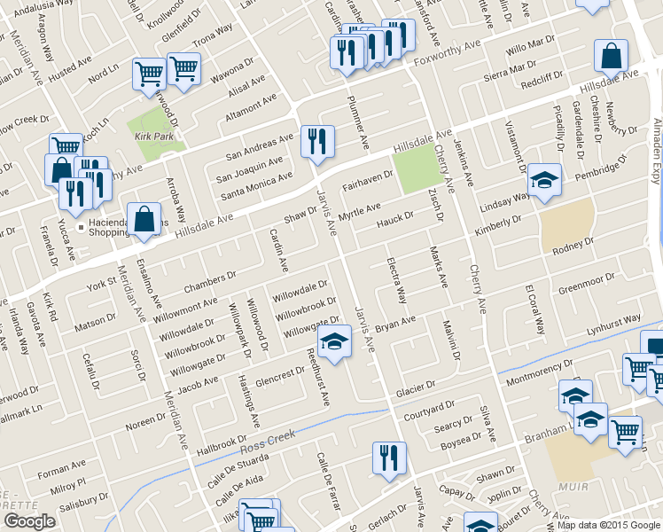 map of restaurants, bars, coffee shops, grocery stores, and more near 3510 Blossomview Drive in San Jose