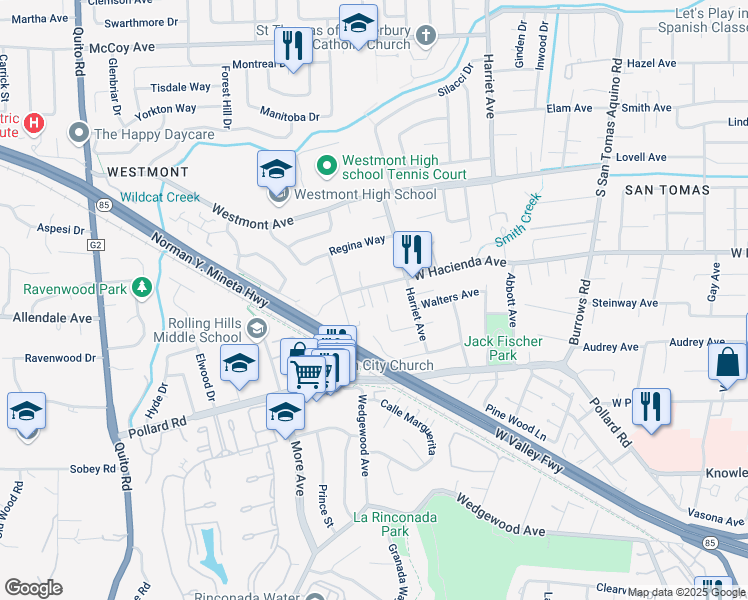 map of restaurants, bars, coffee shops, grocery stores, and more near 1304 Bronwen Way in Campbell