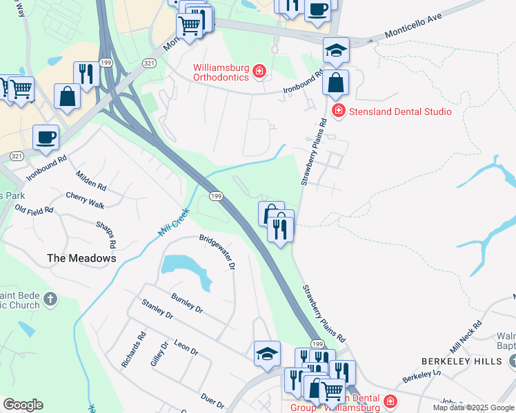 map of restaurants, bars, coffee shops, grocery stores, and more near 3821 Staffordshire Lane in Williamsburg