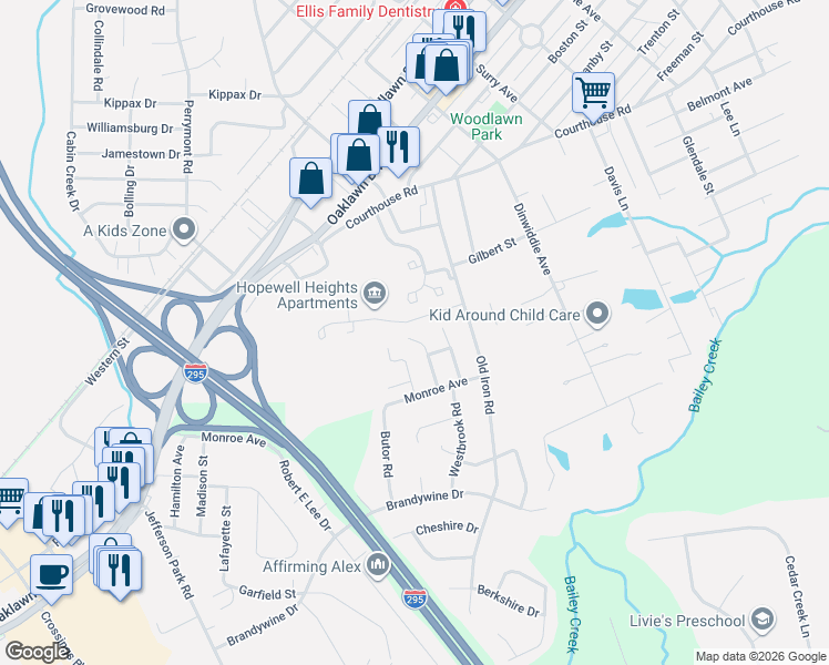 map of restaurants, bars, coffee shops, grocery stores, and more near 1615 Bexley Drive in Hopewell
