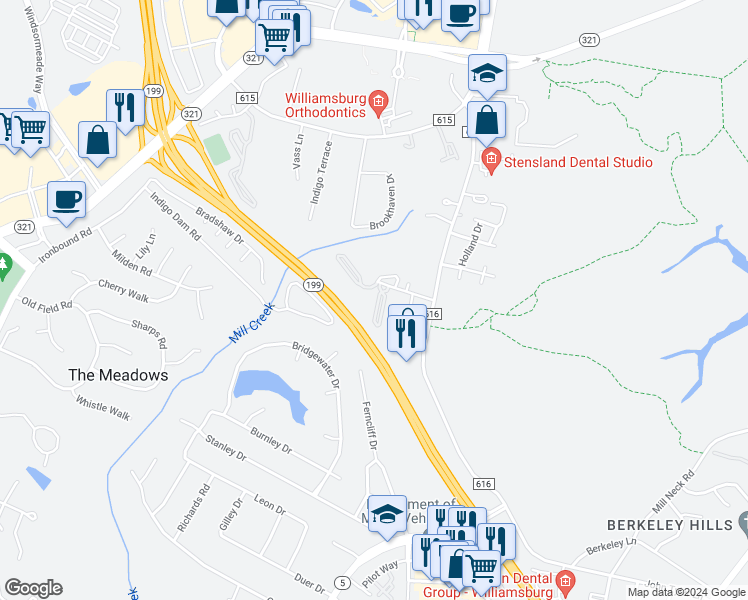 map of restaurants, bars, coffee shops, grocery stores, and more near 3829 Staffordshire Lane in Williamsburg