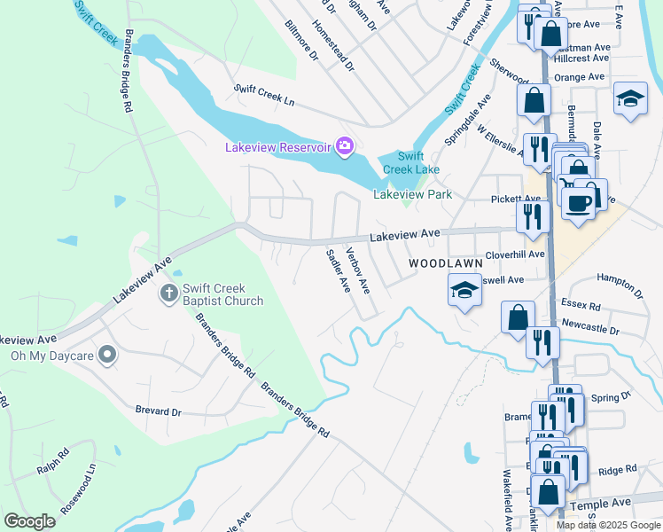 map of restaurants, bars, coffee shops, grocery stores, and more near 109 Sadler Avenue in Colonial Heights