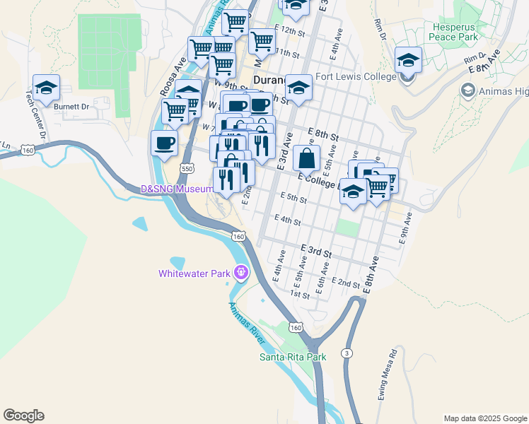 map of restaurants, bars, coffee shops, grocery stores, and more near 405 East 3rd Avenue in Durango