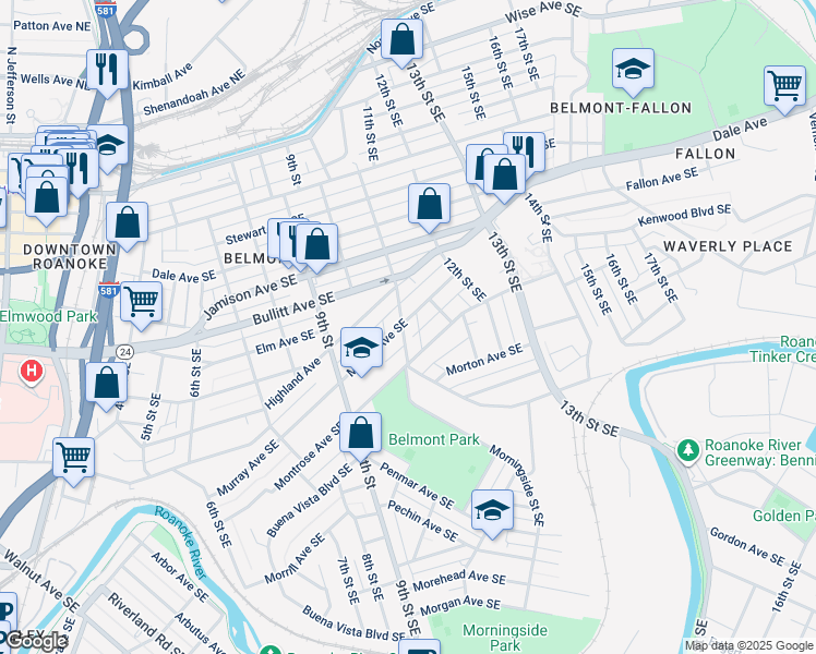 map of restaurants, bars, coffee shops, grocery stores, and more near 1004 11th Street Southeast in Roanoke