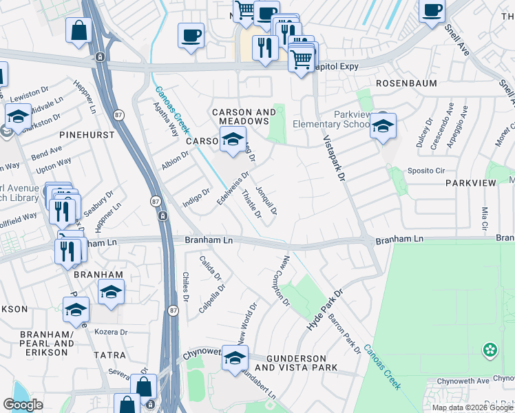 map of restaurants, bars, coffee shops, grocery stores, and more near 4461 Thistle Drive in San Jose