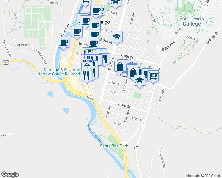 map of restaurants, bars, coffee shops, grocery stores, and more near 429 East 4th Avenue in Durango