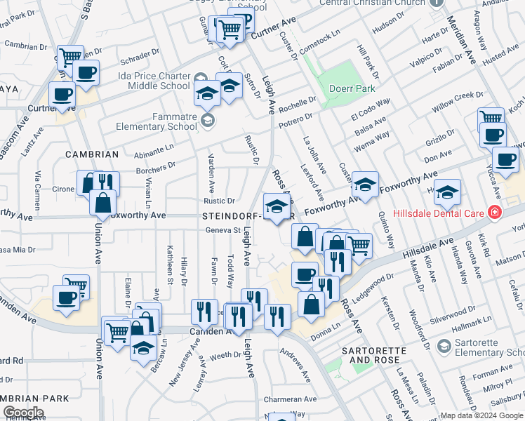 map of restaurants, bars, coffee shops, grocery stores, and more near 1847 Foxworthy Avenue in San Jose