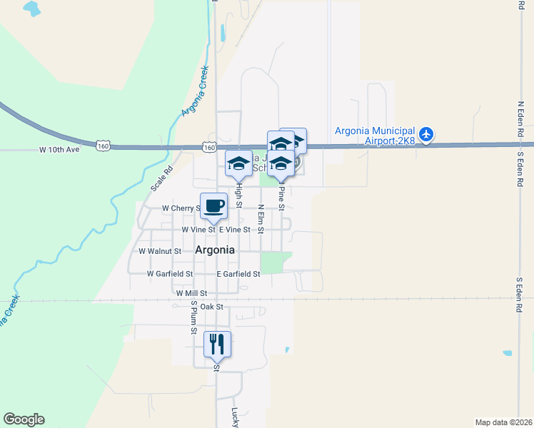 map of restaurants, bars, coffee shops, grocery stores, and more near 200-298 North Elm Street in Argonia