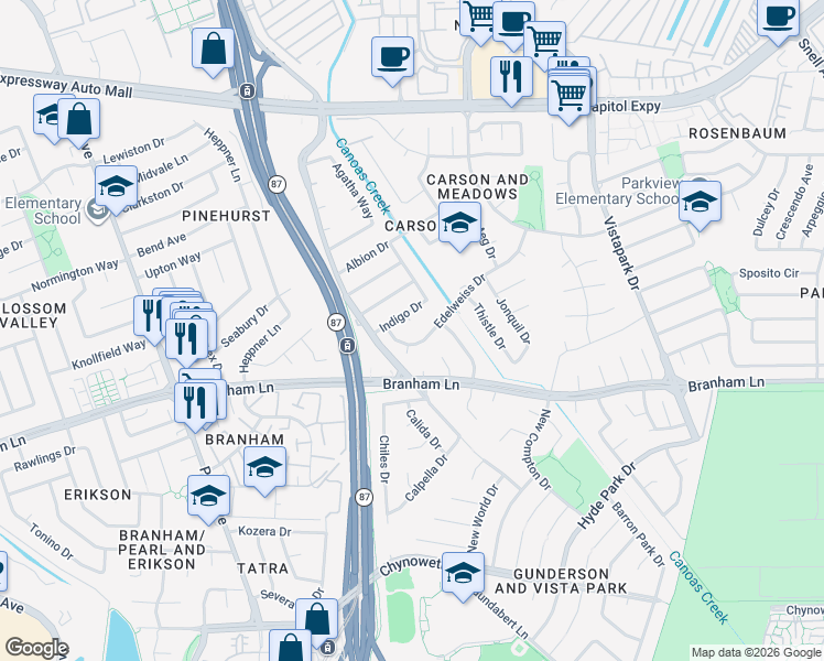 map of restaurants, bars, coffee shops, grocery stores, and more near 4380 Indigo Drive in San Jose