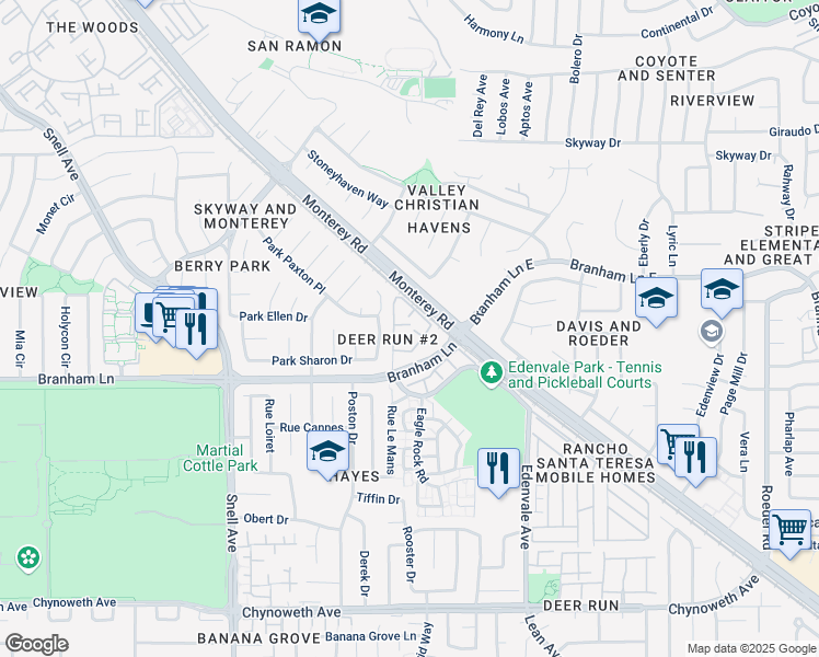 map of restaurants, bars, coffee shops, grocery stores, and more near 76 Saddle Tree Court in San Jose
