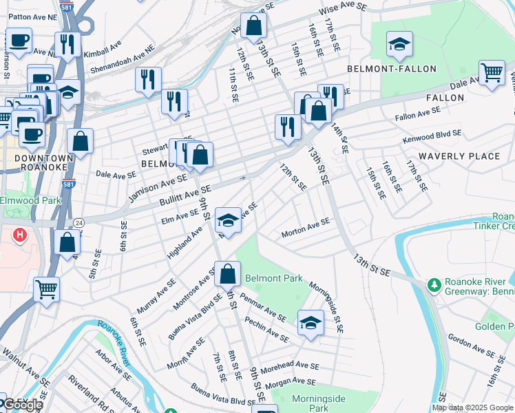 map of restaurants, bars, coffee shops, grocery stores, and more near 1004 11th Street Southeast in Roanoke