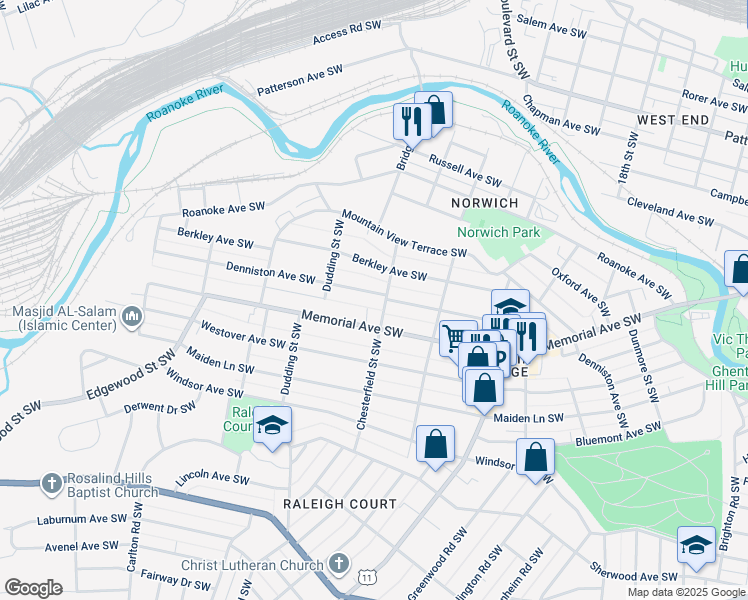 map of restaurants, bars, coffee shops, grocery stores, and more near 2212 Denniston Avenue Southwest in Roanoke