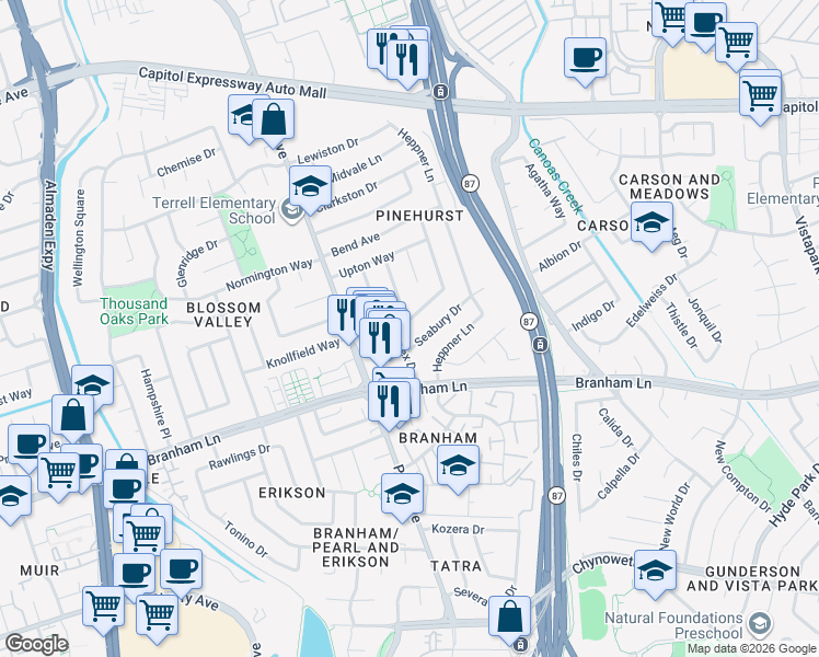 map of restaurants, bars, coffee shops, grocery stores, and more near 4376 Haines Avenue in San Jose