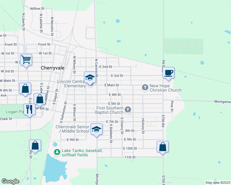 map of restaurants, bars, coffee shops, grocery stores, and more near 618 East 4th Street in Cherryvale