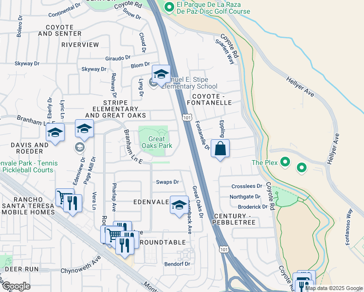 map of restaurants, bars, coffee shops, grocery stores, and more near 5146 Snow Drive in San Jose