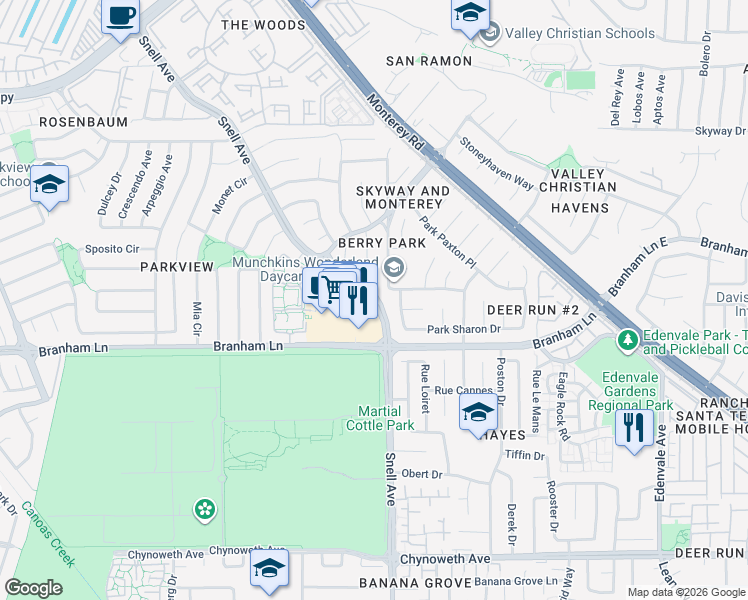 map of restaurants, bars, coffee shops, grocery stores, and more near 4515 Park Sommers Way in San Jose