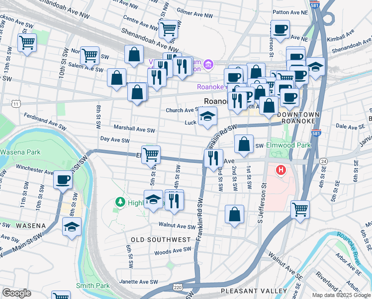 map of restaurants, bars, coffee shops, grocery stores, and more near 366 Day Avenue Southwest in Roanoke