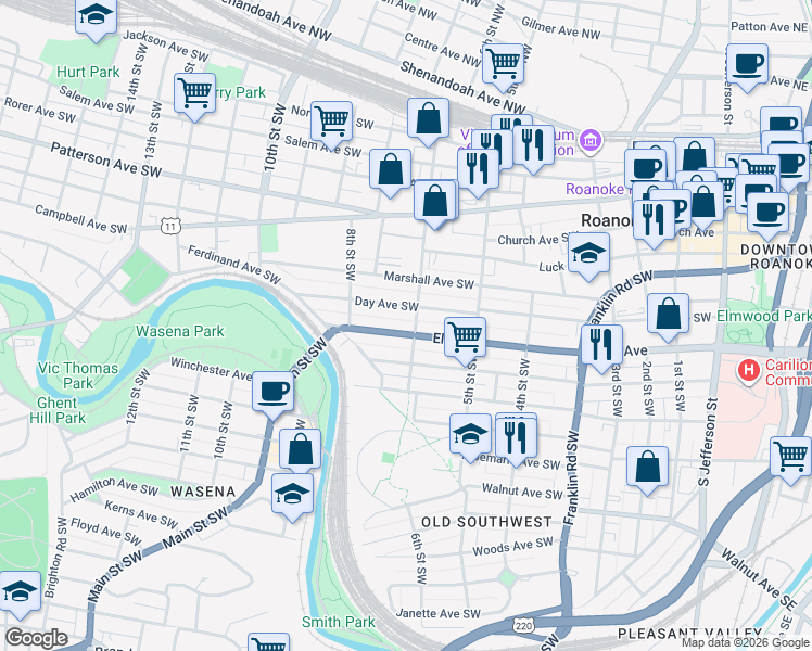 map of restaurants, bars, coffee shops, grocery stores, and more near 601 Elm Avenue in Roanoke
