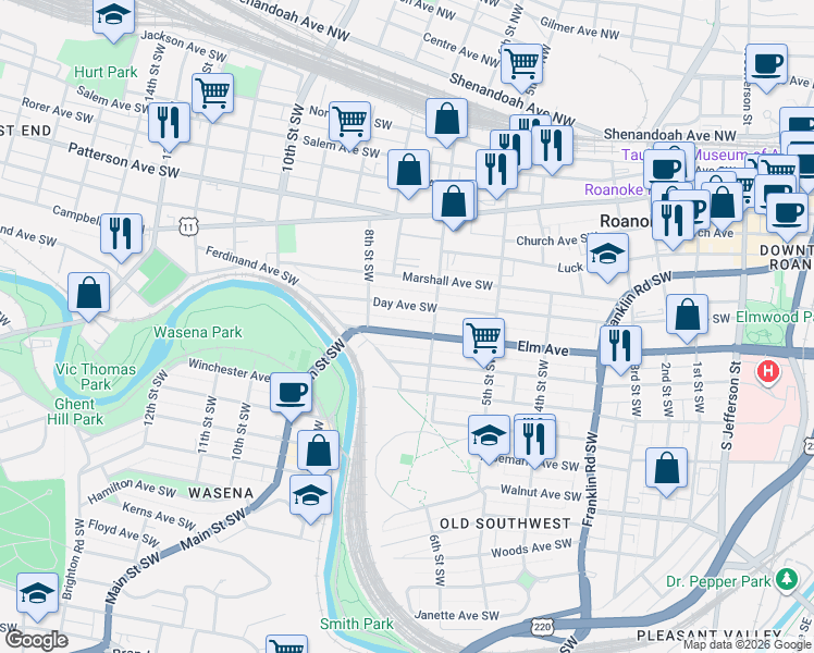 map of restaurants, bars, coffee shops, grocery stores, and more near 635 U.S. 221 in Roanoke