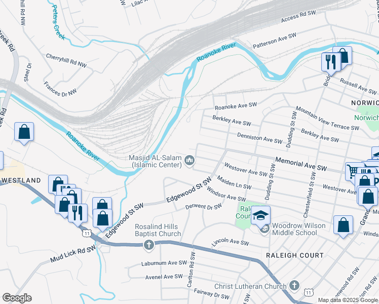 map of restaurants, bars, coffee shops, grocery stores, and more near 2541 Westover Avenue Southwest in Roanoke
