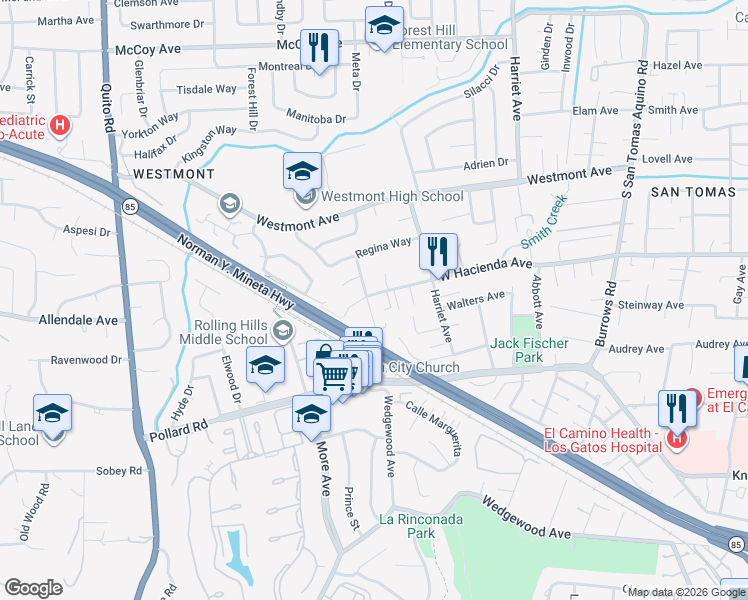 map of restaurants, bars, coffee shops, grocery stores, and more near 2904 Del Loma Drive in Campbell