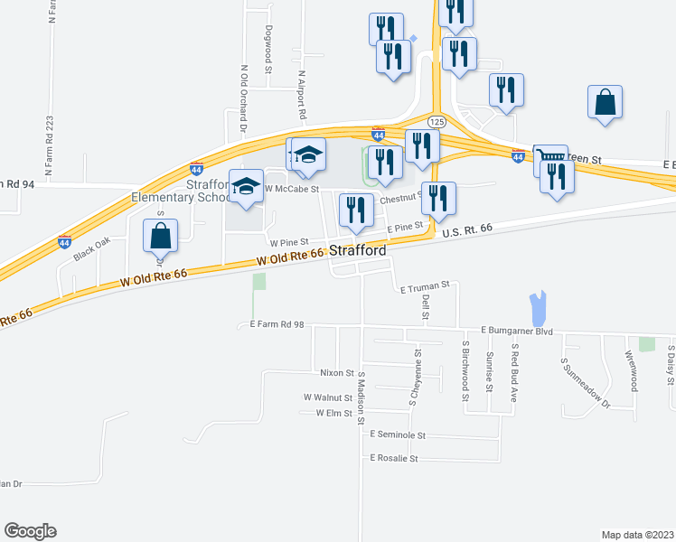 map of restaurants, bars, coffee shops, grocery stores, and more near 111 West Olive Street in Strafford