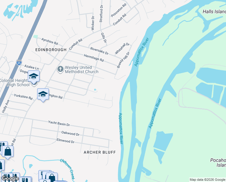 map of restaurants, bars, coffee shops, grocery stores, and more near 1400 Covington Road in Colonial Heights
