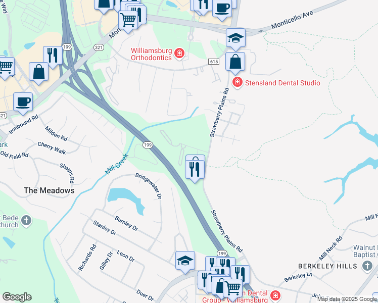 map of restaurants, bars, coffee shops, grocery stores, and more near 3810 Staffordshire Lane in Williamsburg