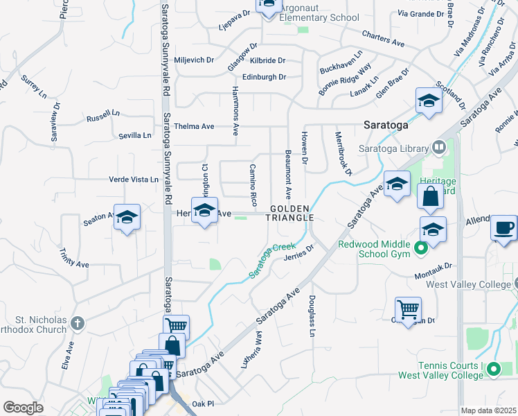 map of restaurants, bars, coffee shops, grocery stores, and more near 13810 Camino Rico in Saratoga