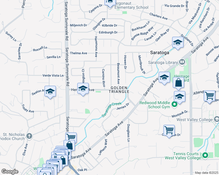map of restaurants, bars, coffee shops, grocery stores, and more near 13810 Camino Rico in Saratoga