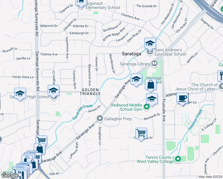 map of restaurants, bars, coffee shops, grocery stores, and more near 13845 Saratoga Avenue in Saratoga
