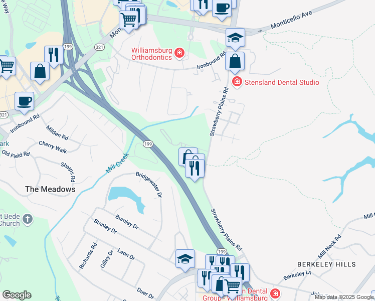 map of restaurants, bars, coffee shops, grocery stores, and more near 3806 Staffordshire Lane in Williamsburg